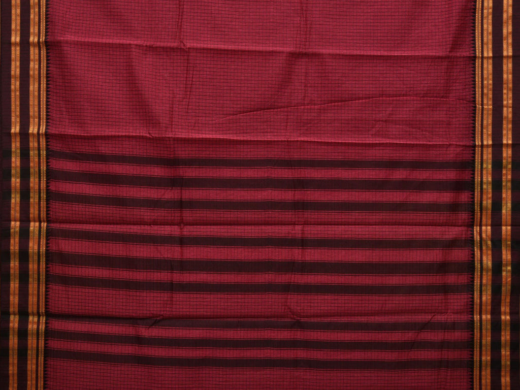 Burgundy Bamboo Cotton Saree with Checks Design - Global Threads