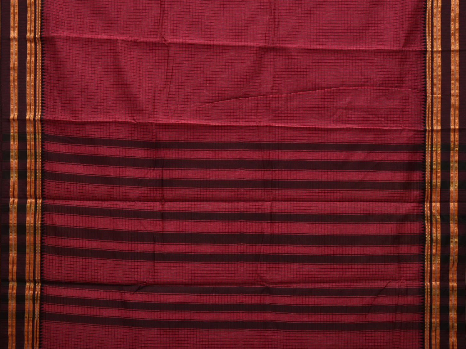 Burgundy Bamboo Cotton Saree with Checks Design - Global Threads