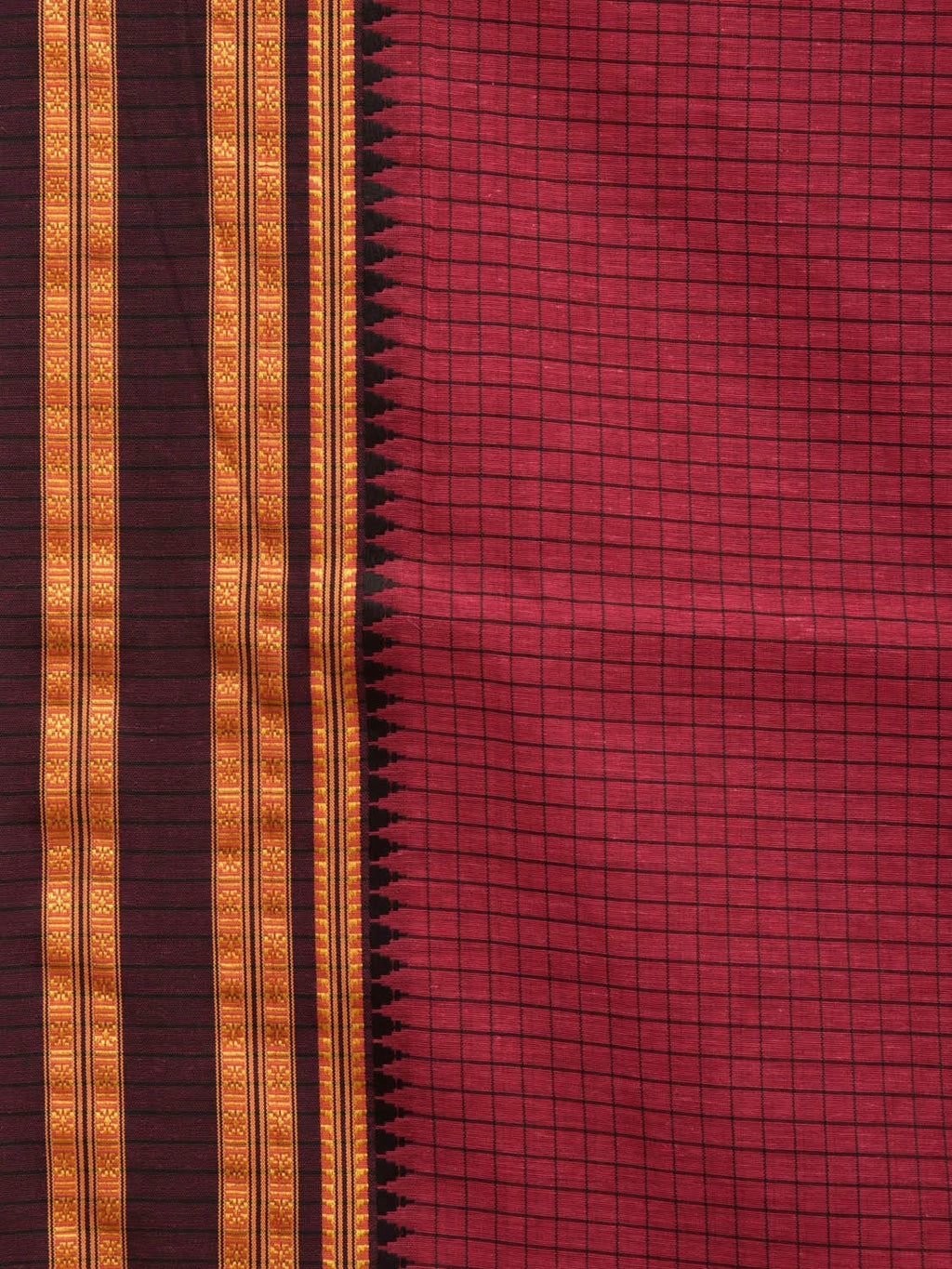 Burgundy Bamboo Cotton Saree with Checks Design - Global Threads