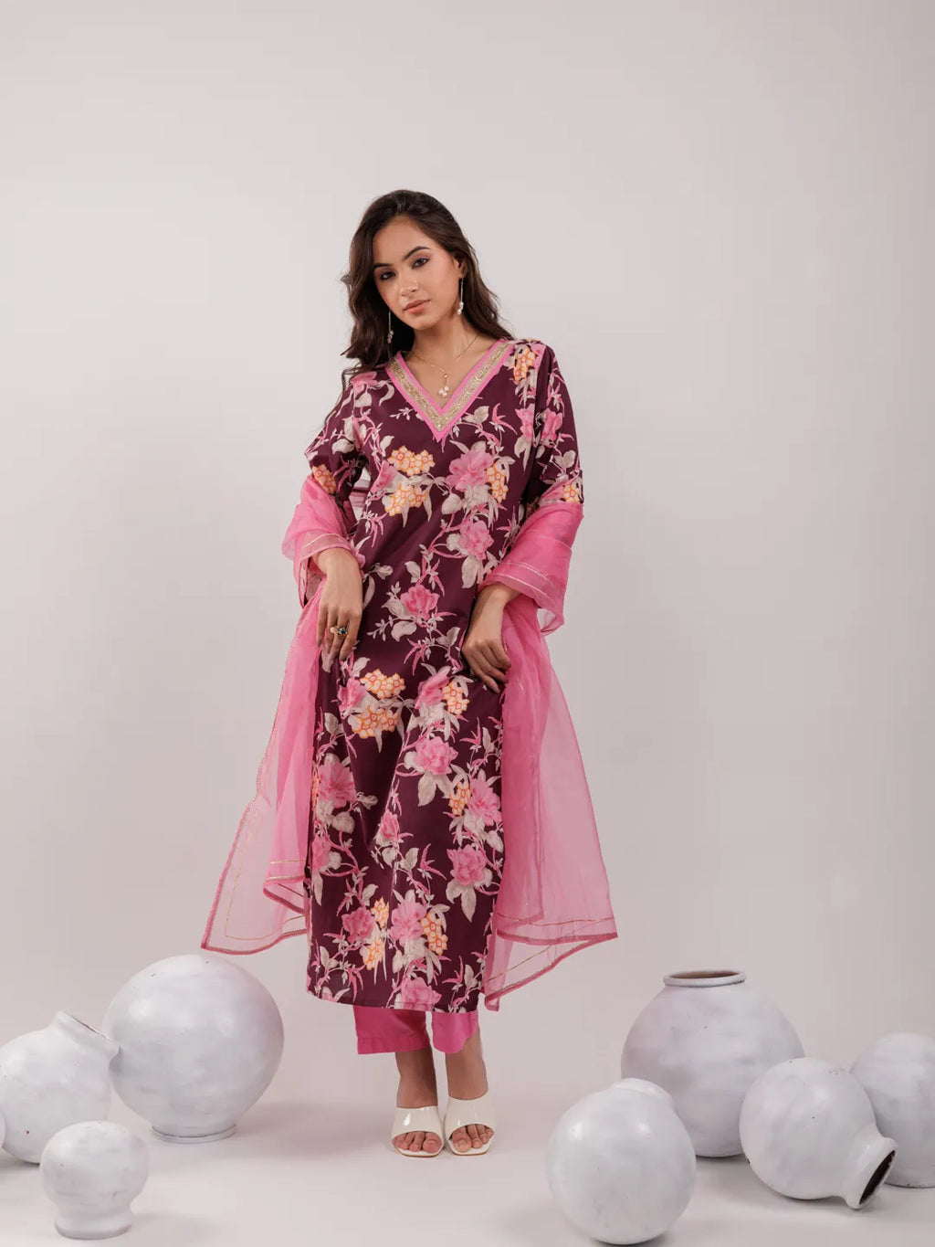 Yufta Burgundy Floral Print Cotton Straight Kurta Trouser With Dupatta Set