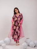 Yufta Burgundy Floral Print Cotton Straight Kurta Trouser With Dupatta Set