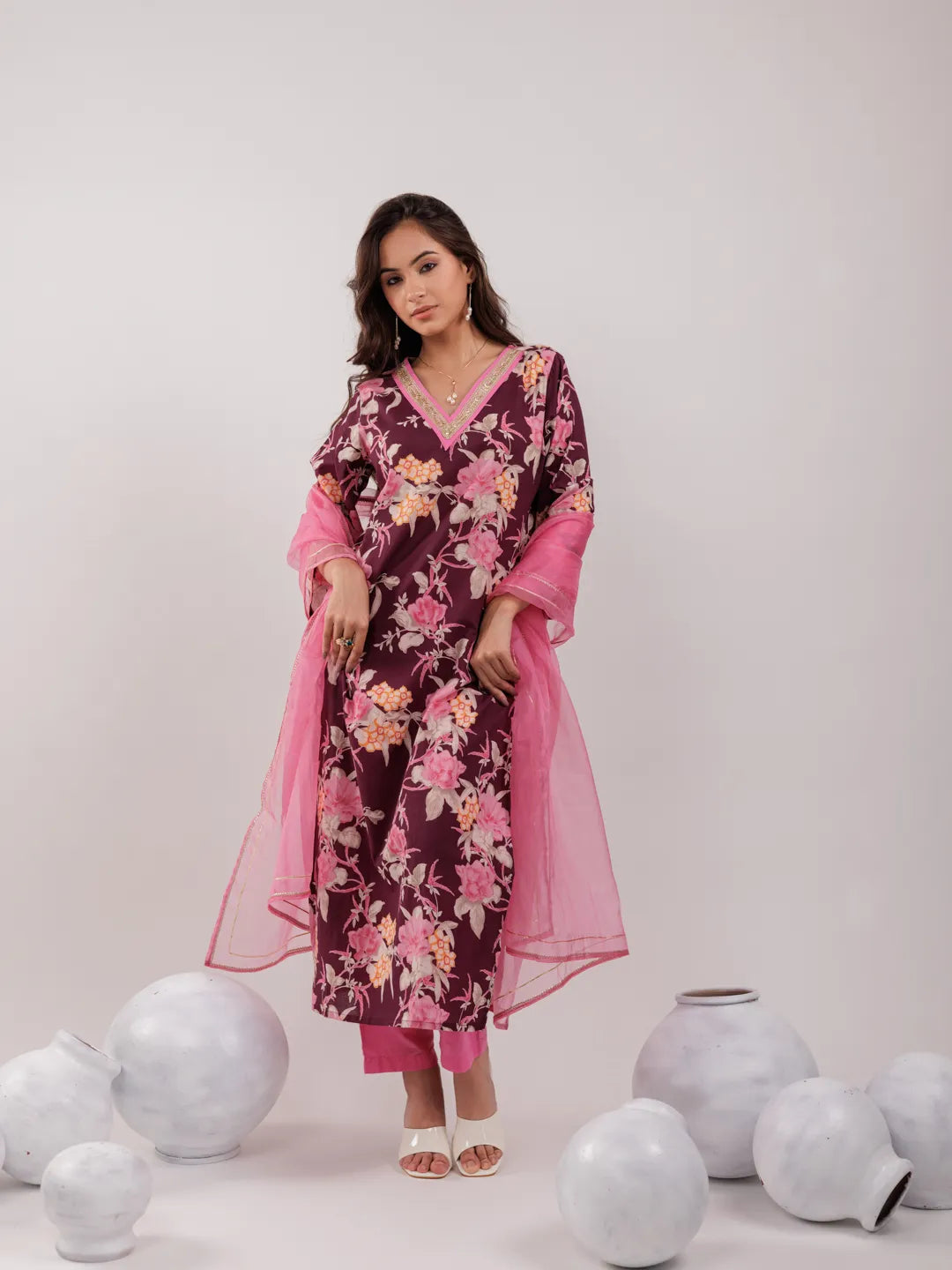 Yufta Burgundy Floral Print Cotton Straight Kurta Trouser With Dupatta Set
