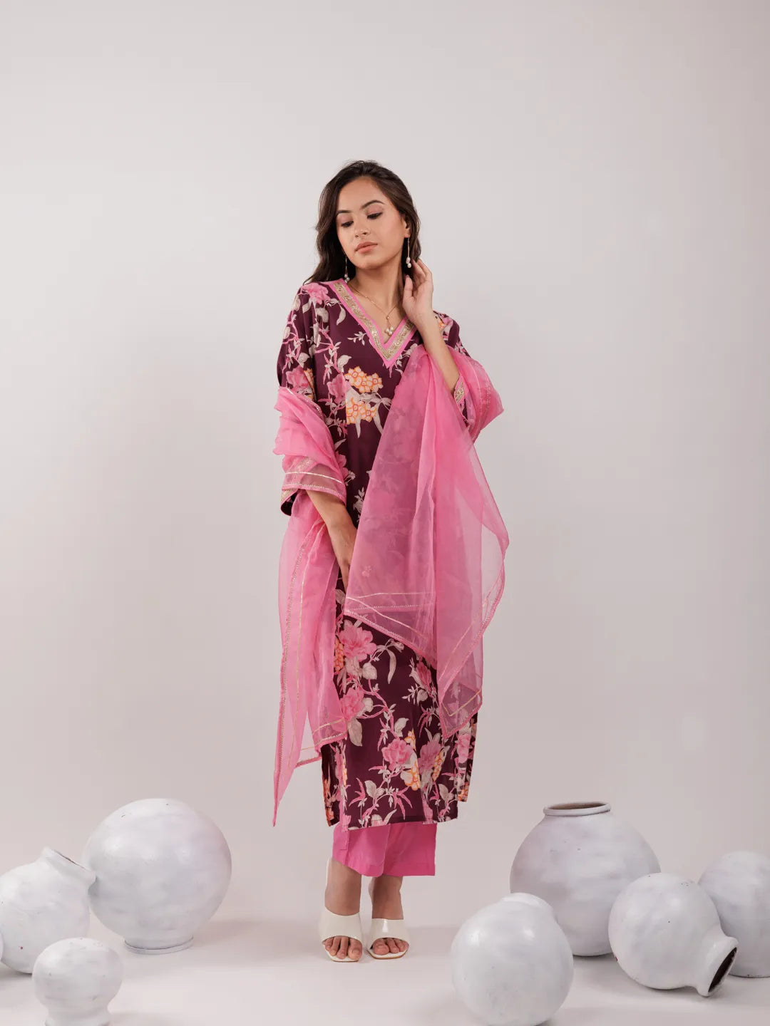 Yufta Burgundy Floral Print Cotton Straight Kurta Trouser With Dupatta Set
