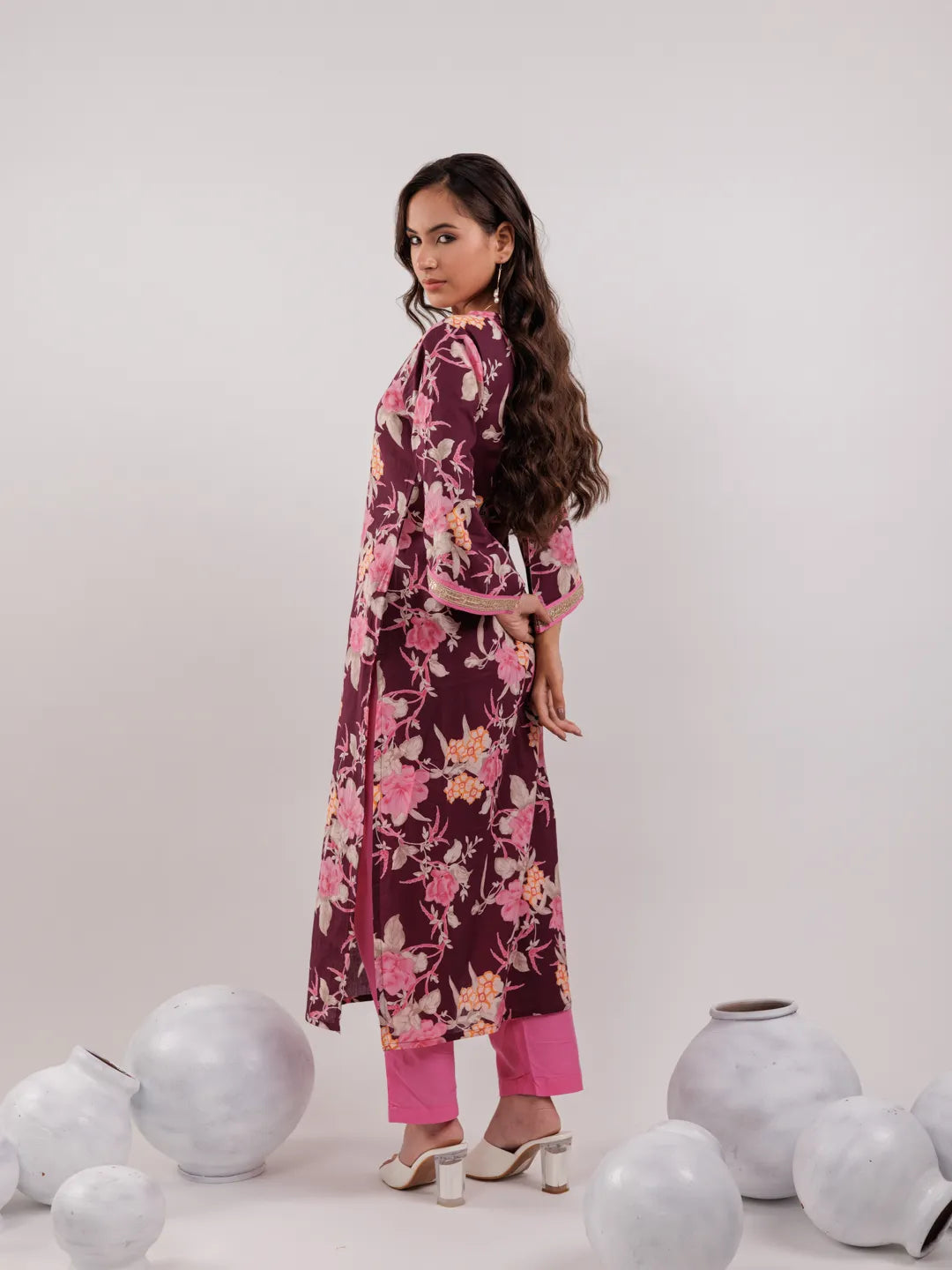 Yufta Burgundy Floral Print Cotton Straight Kurta Trouser With Dupatta Set