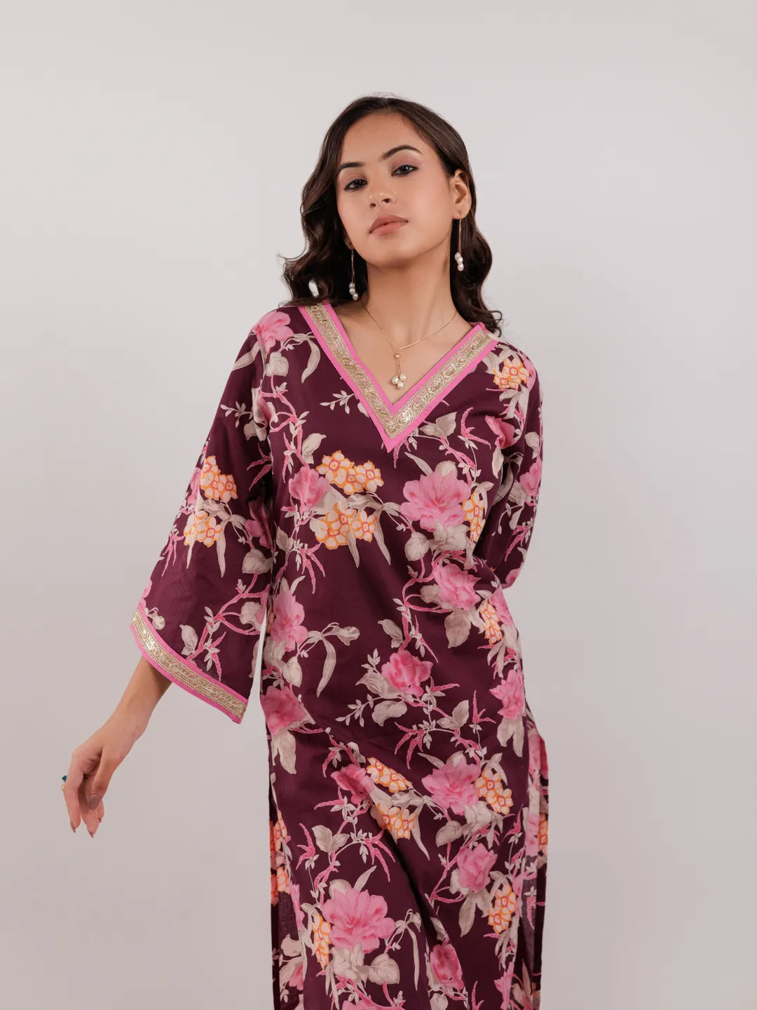 Yufta Burgundy Floral Print Cotton Straight Kurta Trouser With Dupatta Set