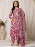 Yufta Burgundy Thread_Work Cotton Straight Kurta Trouser & Dupatta Set
