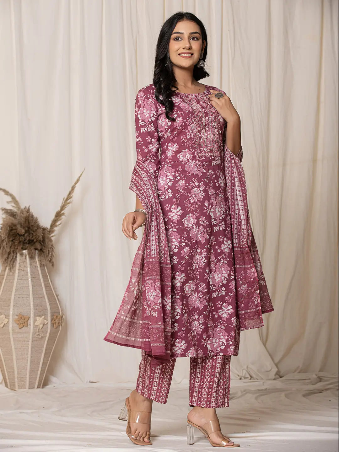 Yufta Burgundy Thread_Work Cotton Straight Kurta Trouser & Dupatta Set