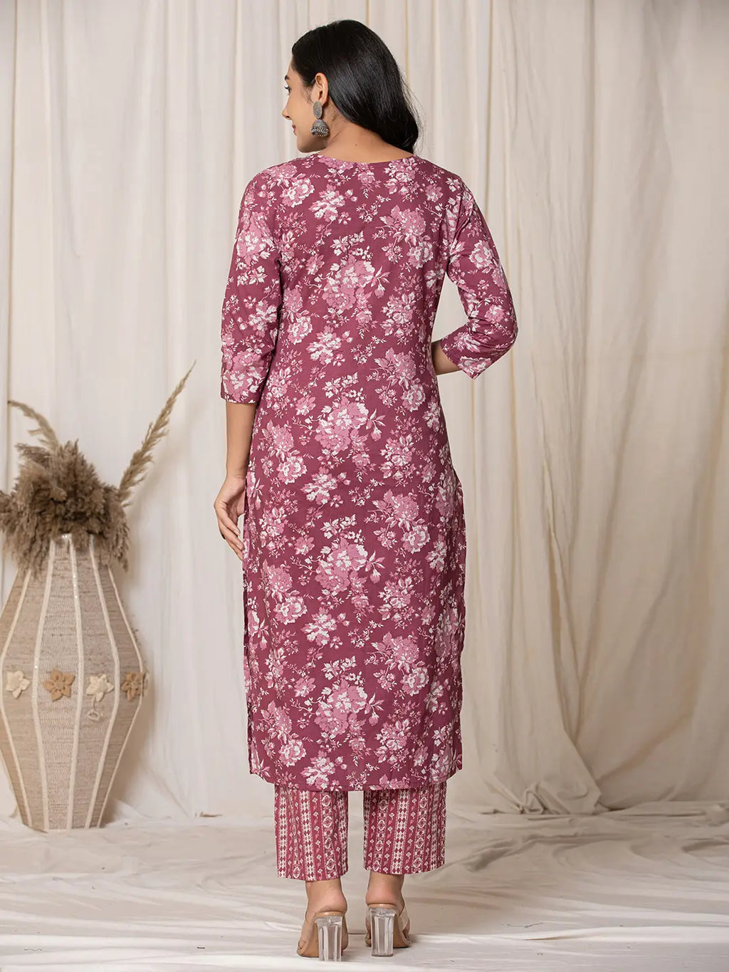 Yufta Burgundy Thread_Work Cotton Straight Kurta Trouser & Dupatta Set