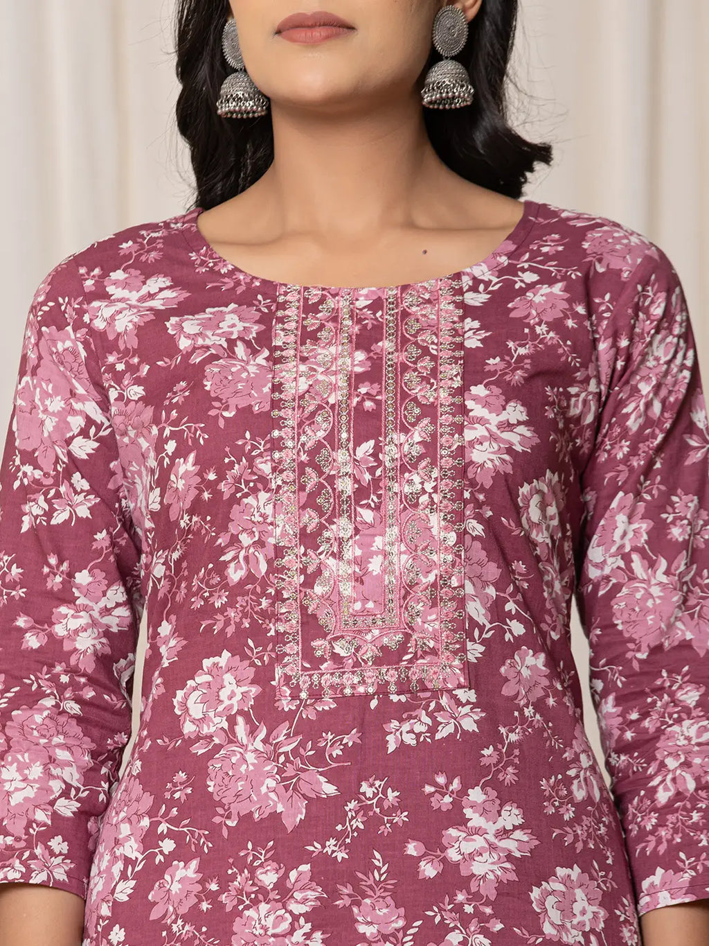 Yufta Burgundy Thread_Work Cotton Straight Kurta Trouser & Dupatta Set