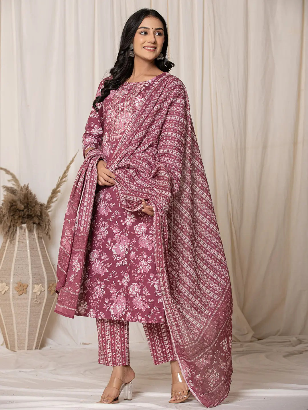 Yufta Burgundy Thread_Work Cotton Straight Kurta Trouser & Dupatta Set