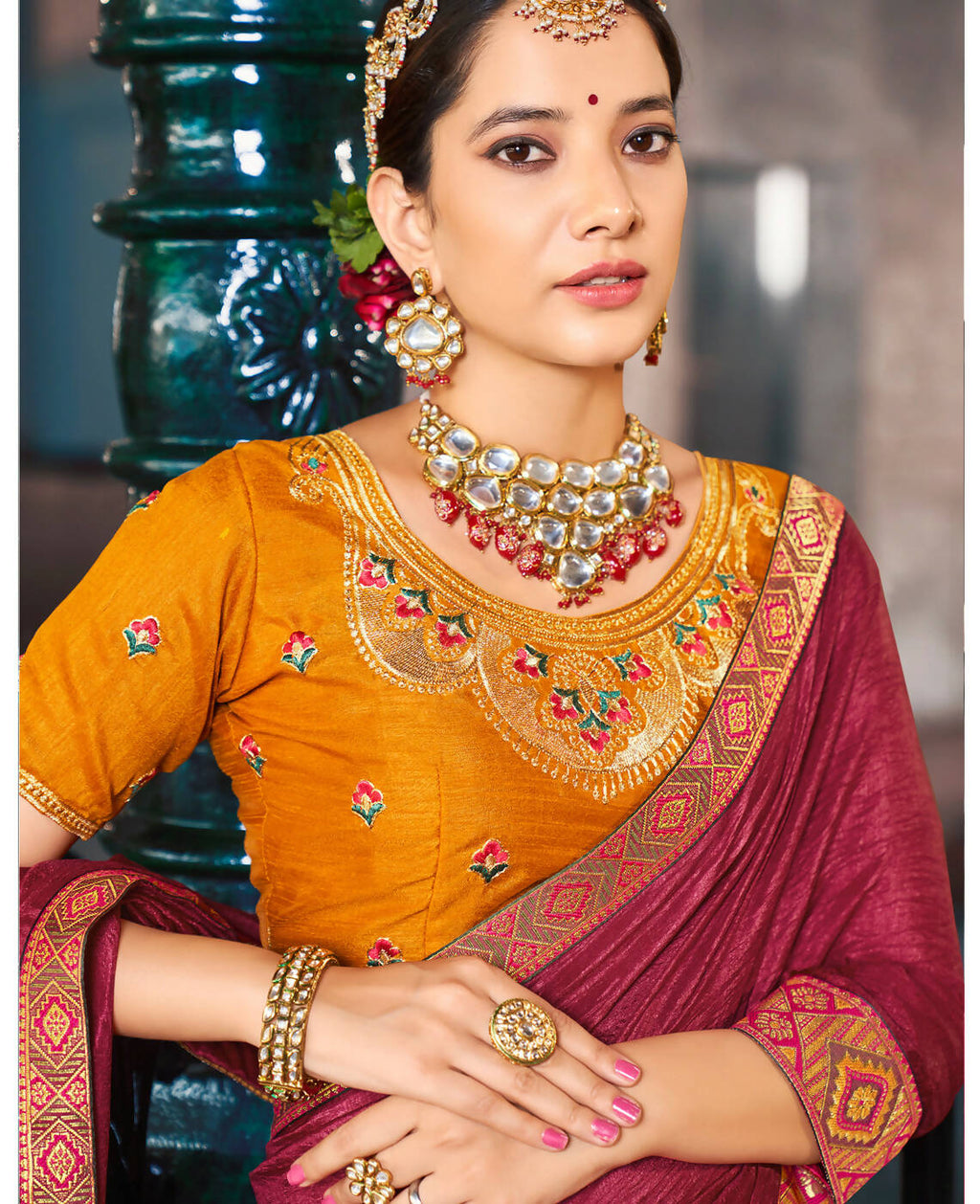 Maroon Solid Vichitra Saree With Unstitched Blouse Piece - Selena