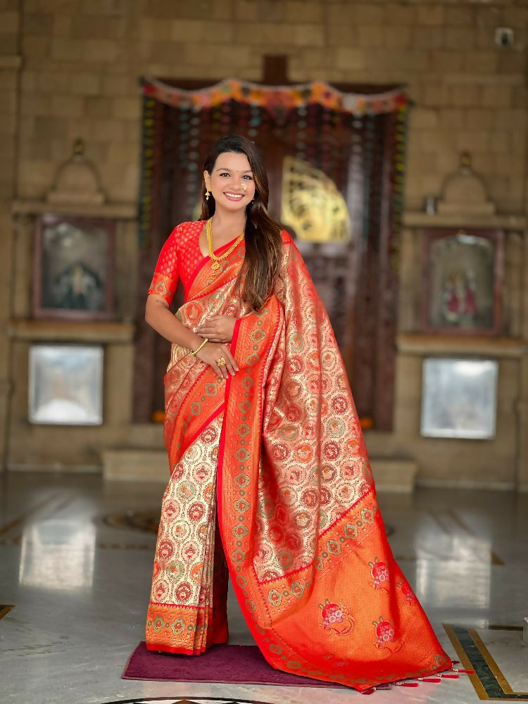 PR Fashion Red Soft Kanjivaram Silk With Zari Weaving Meenakari Design Saree