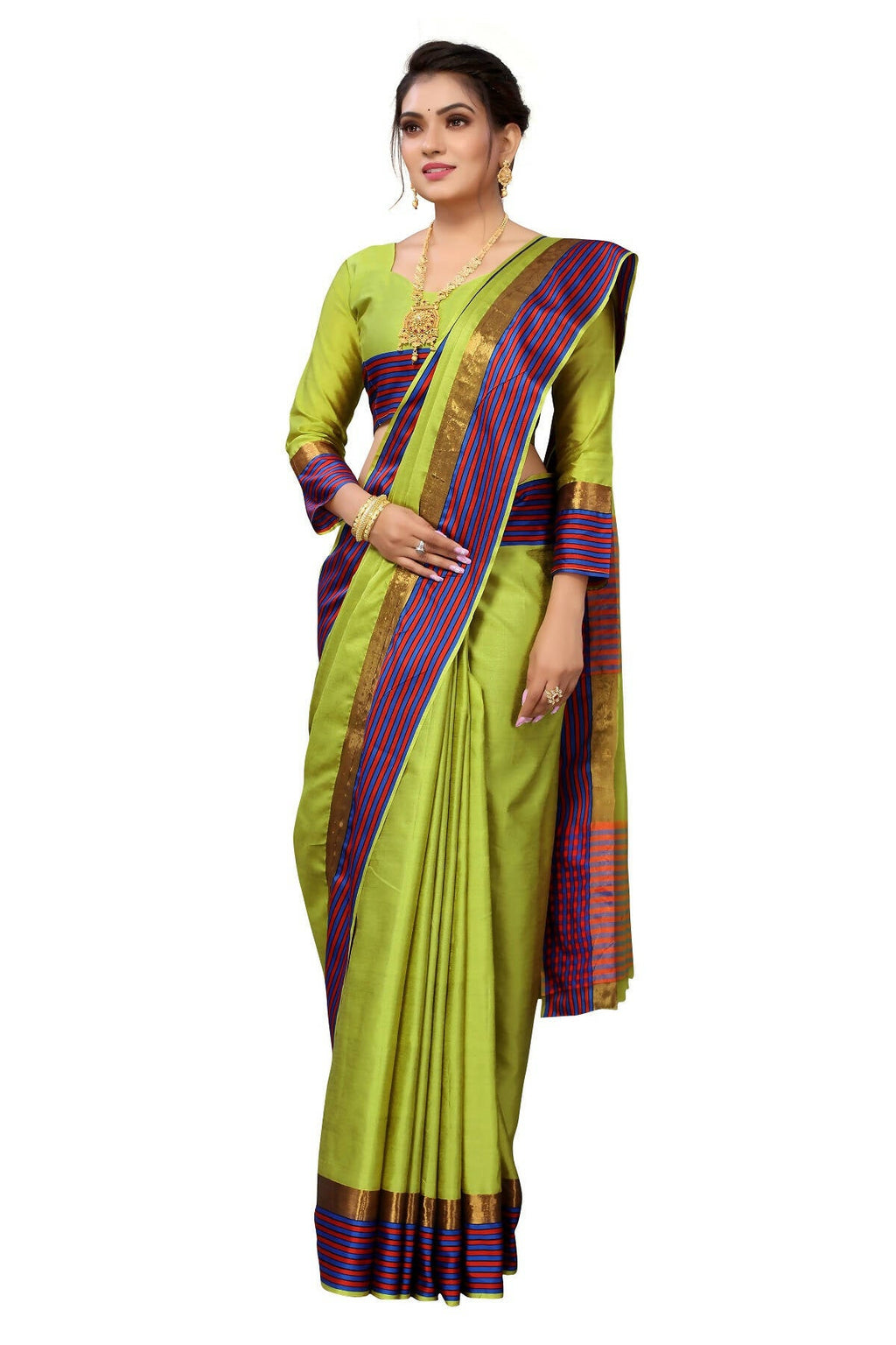 Vamika Ethnic Fire Parrot Green Cotton Silk Saree
