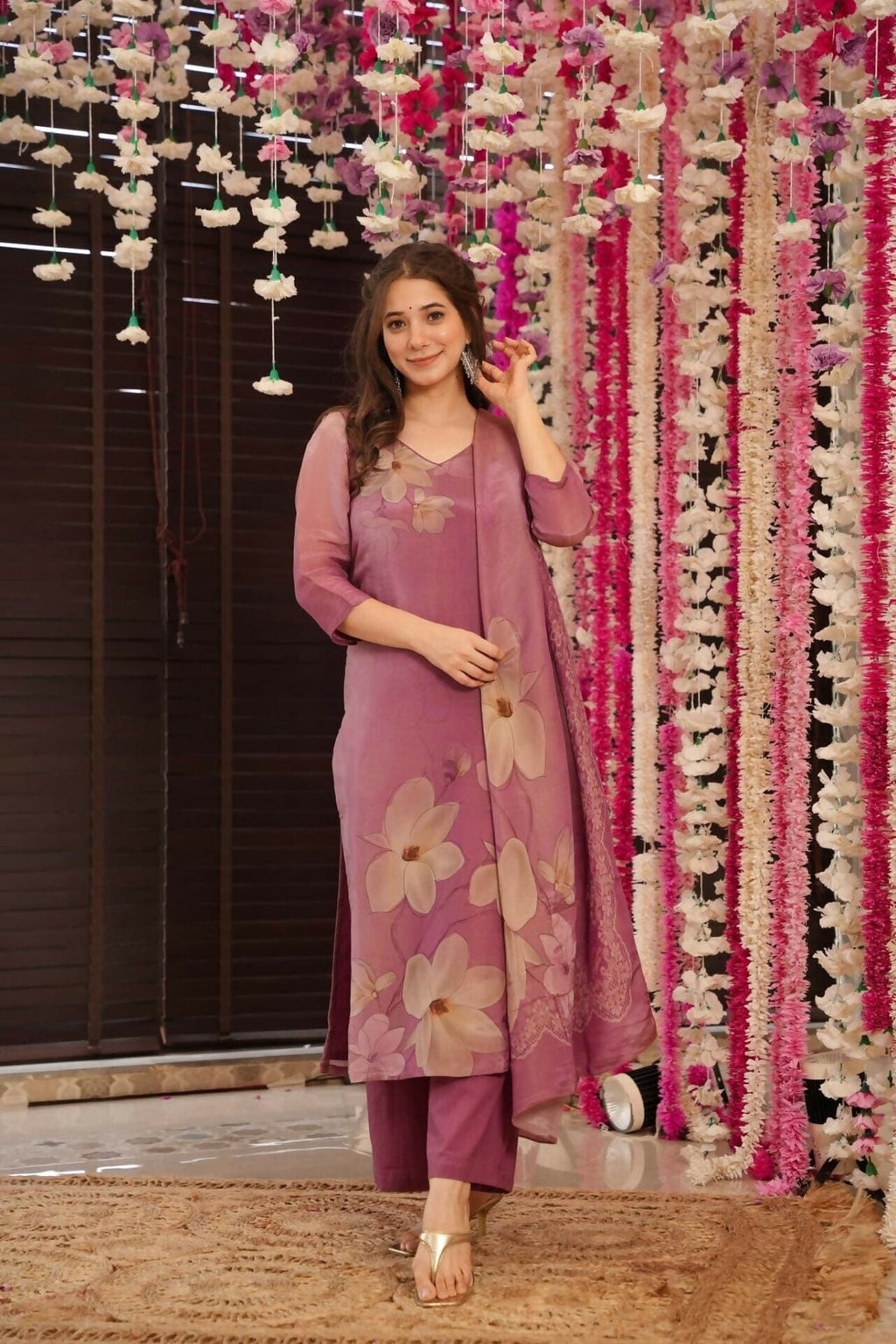 The52 Onion Gorgeous Floral Printed Zarna Silk Fabric Straight Kurta Pant with Dupatta Set