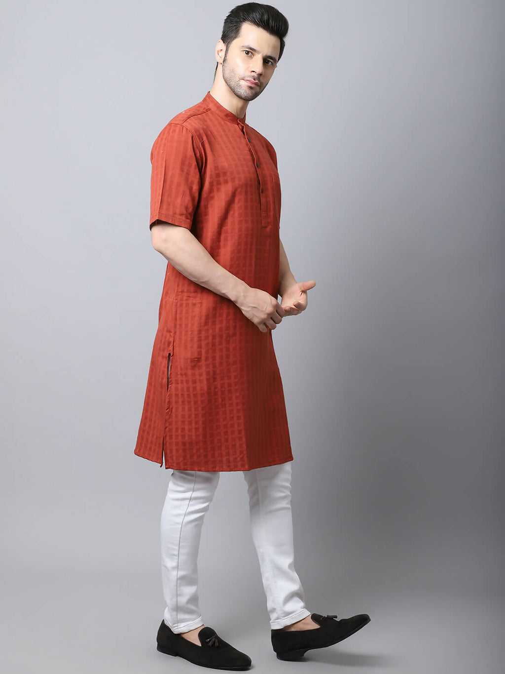 Even Apparels Red Pure Cotton Kurta With Band Collar