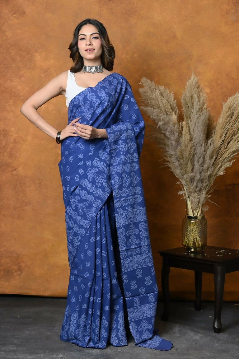 Very Much Indian Handblock Printed Cotton Saree With Natural Dyes - Indigo Blue