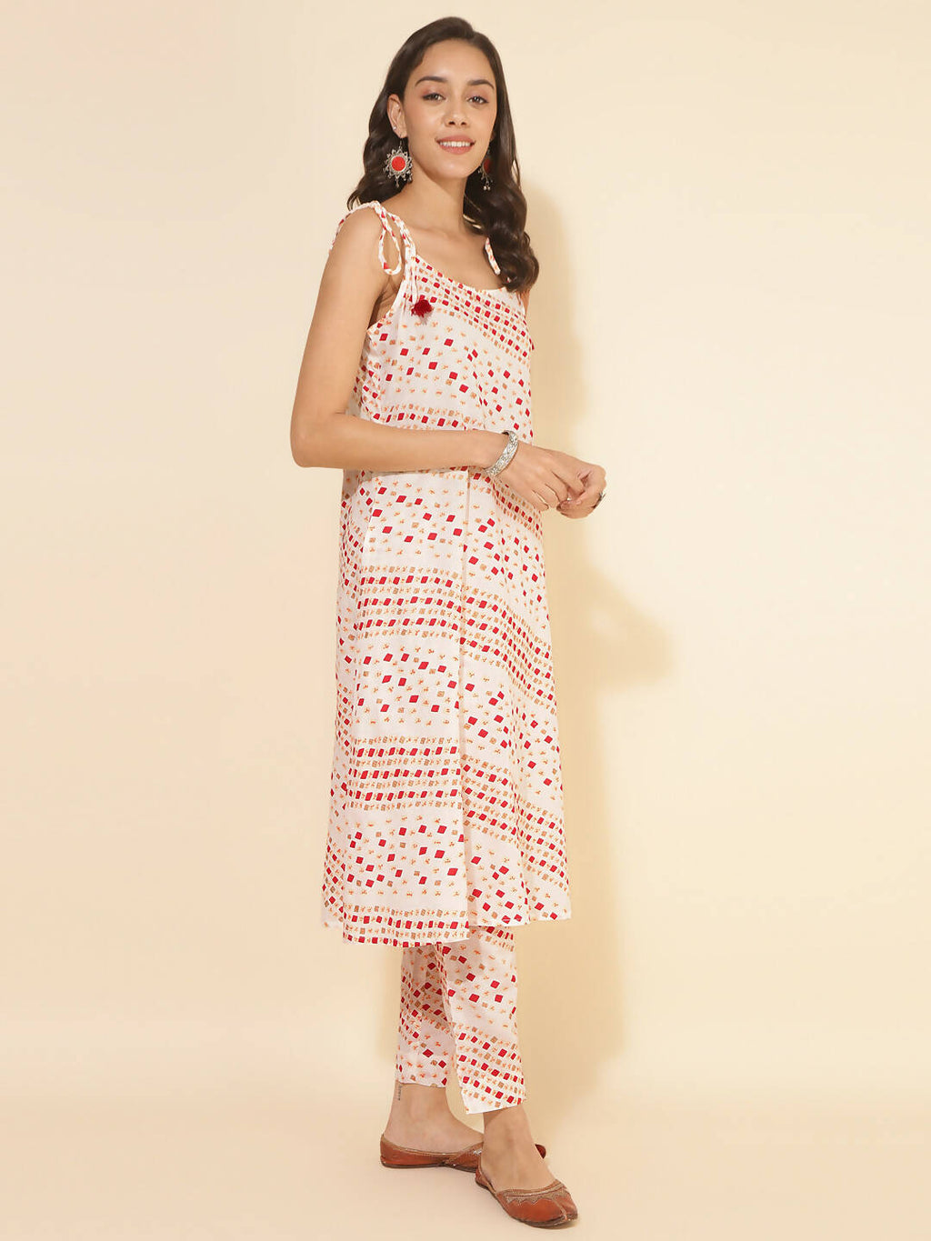 Janasya Women's White Cotton Geometric Printed Casual A-line Co-ords
