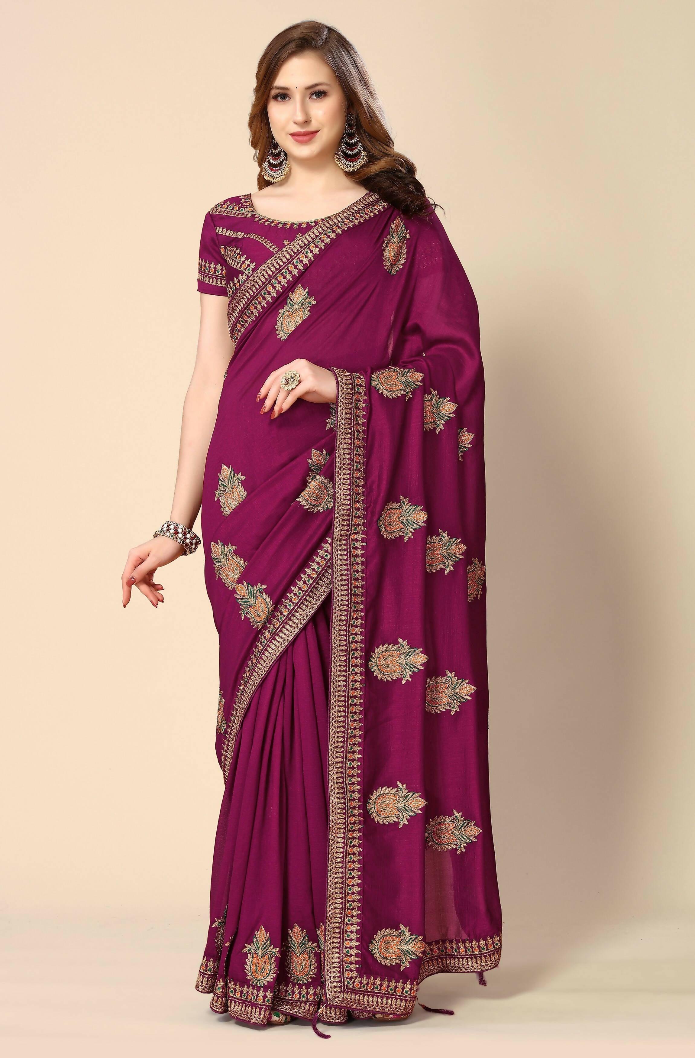 Wine Chinon Embroidered Saree with Unstitched Blouse Piece - Roozal