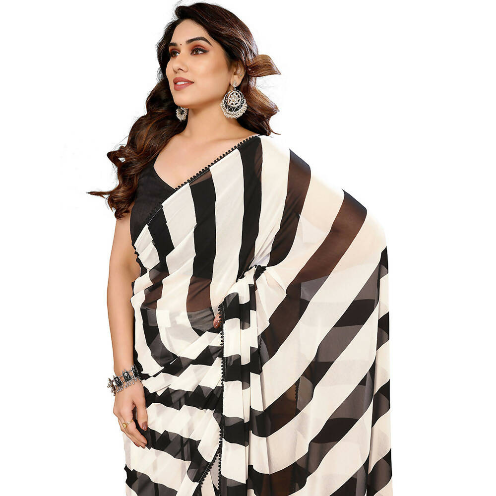Women's Partywear Designer Black&White Georgette Fancy Saree - Satrangi