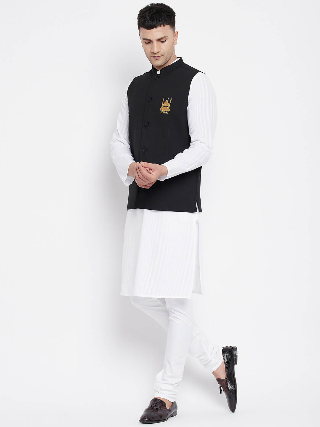 Even Apparels Black Pure Cotton Nehru Jacket With Eid Insignia NJ-PW668-EID