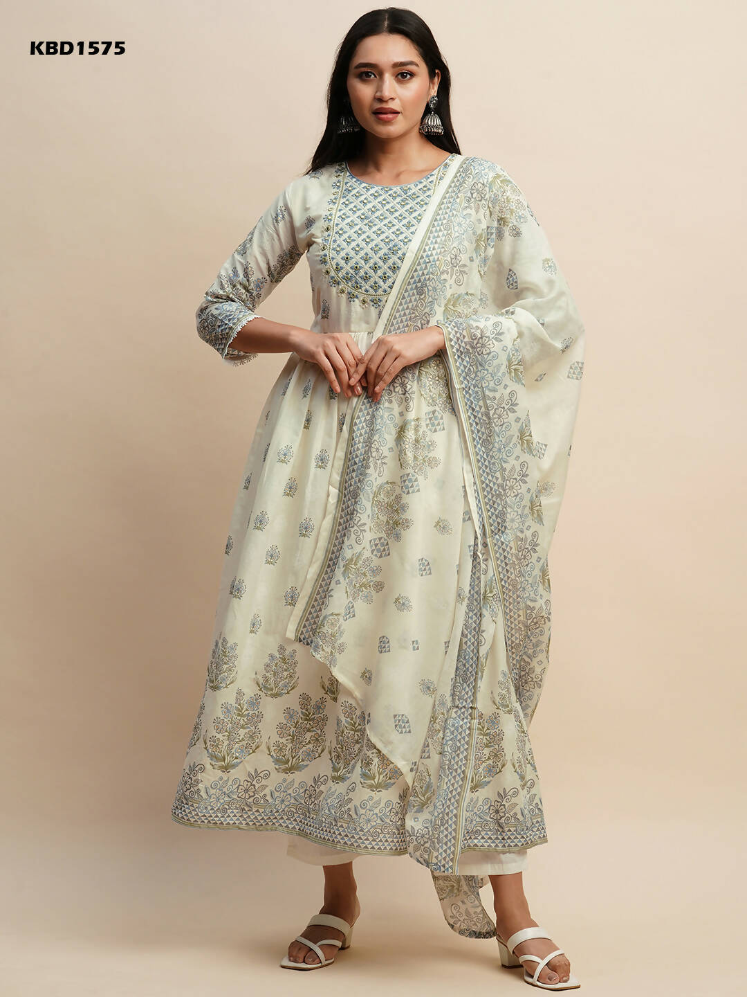 White And Blue Pure Cotton Floral Printed Anarkali Kurta And Bottom With Dupatta - Akashara