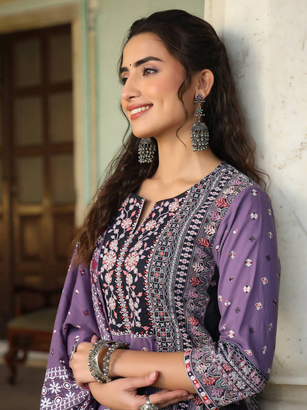 Juniper Women's Lavender Cambric Geometric Printed Mix And Match Kurta Palazzo And Dupatta Set