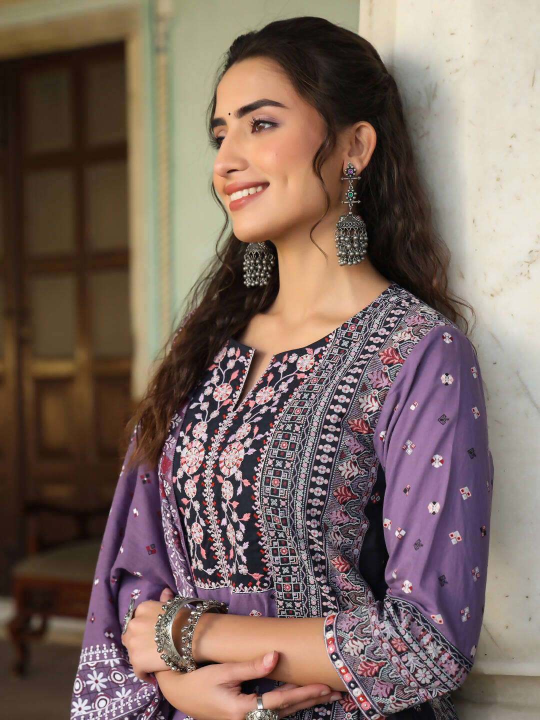Juniper Women's Lavender Cambric Geometric Printed Mix And Match Kurta Palazzo And Dupatta Set