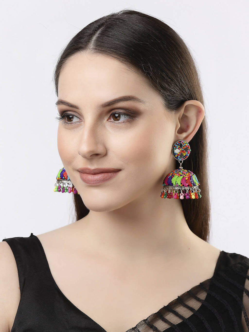 NVR Women Multi Color Artificial Beads Brass-Plated Jhumka Earrings