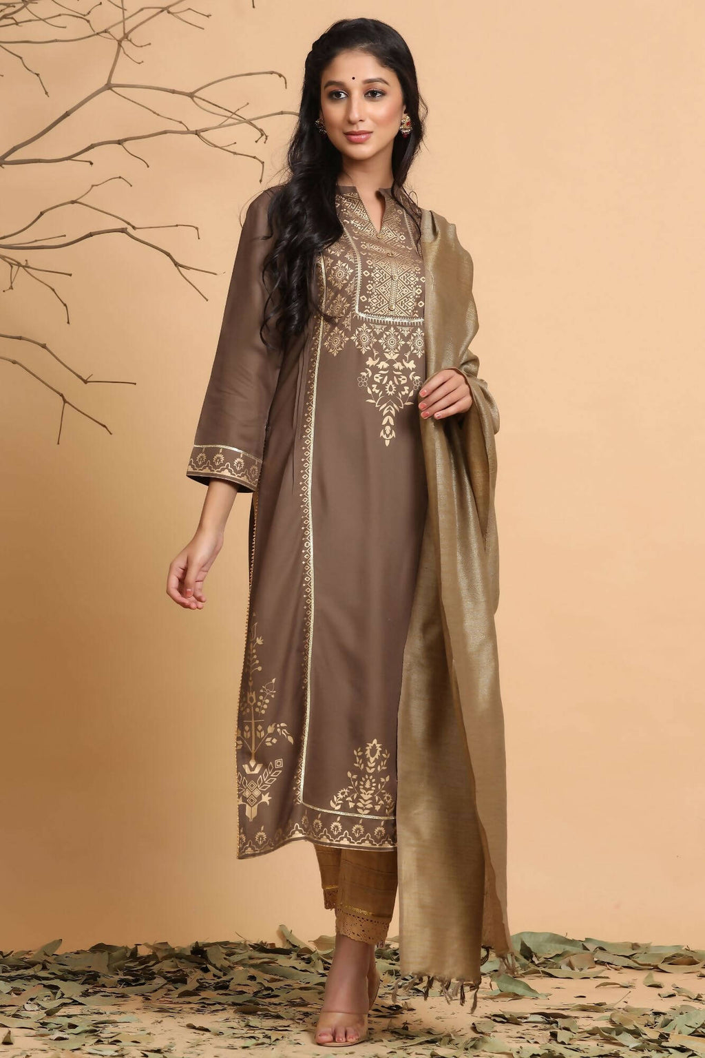 Juniper Women's Brown Rayon Printed Straight Kurta Set