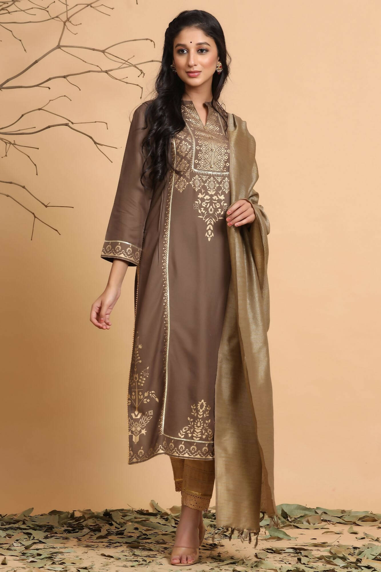 Juniper Women's Brown Rayon Printed Straight Kurta Set