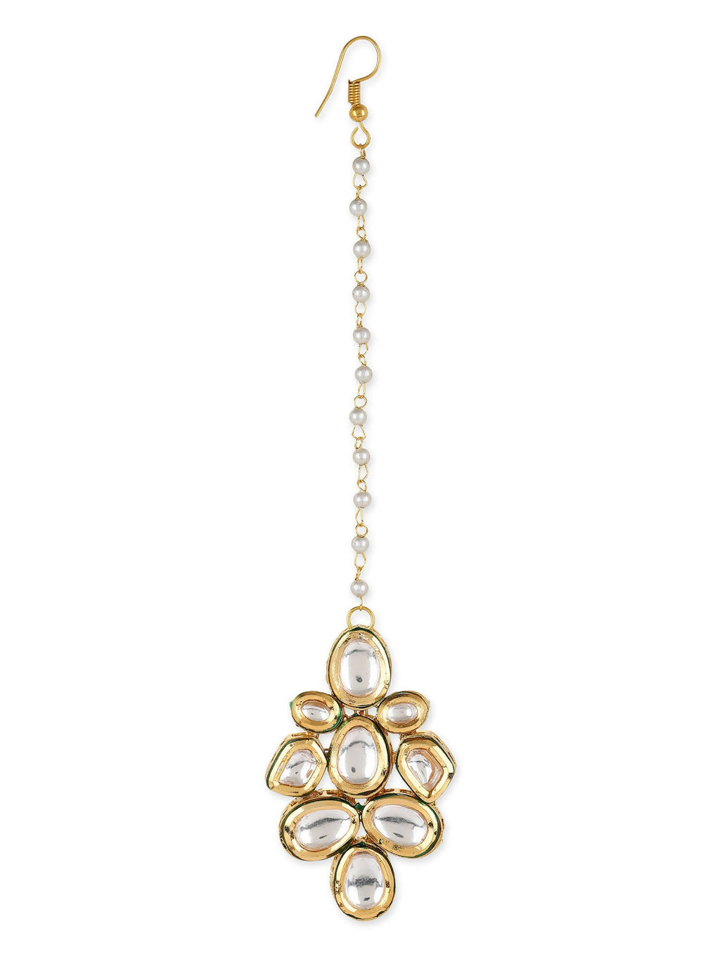White Gold-Polished Kundan Studded Beaded Maang Tikka - Ruby Raang