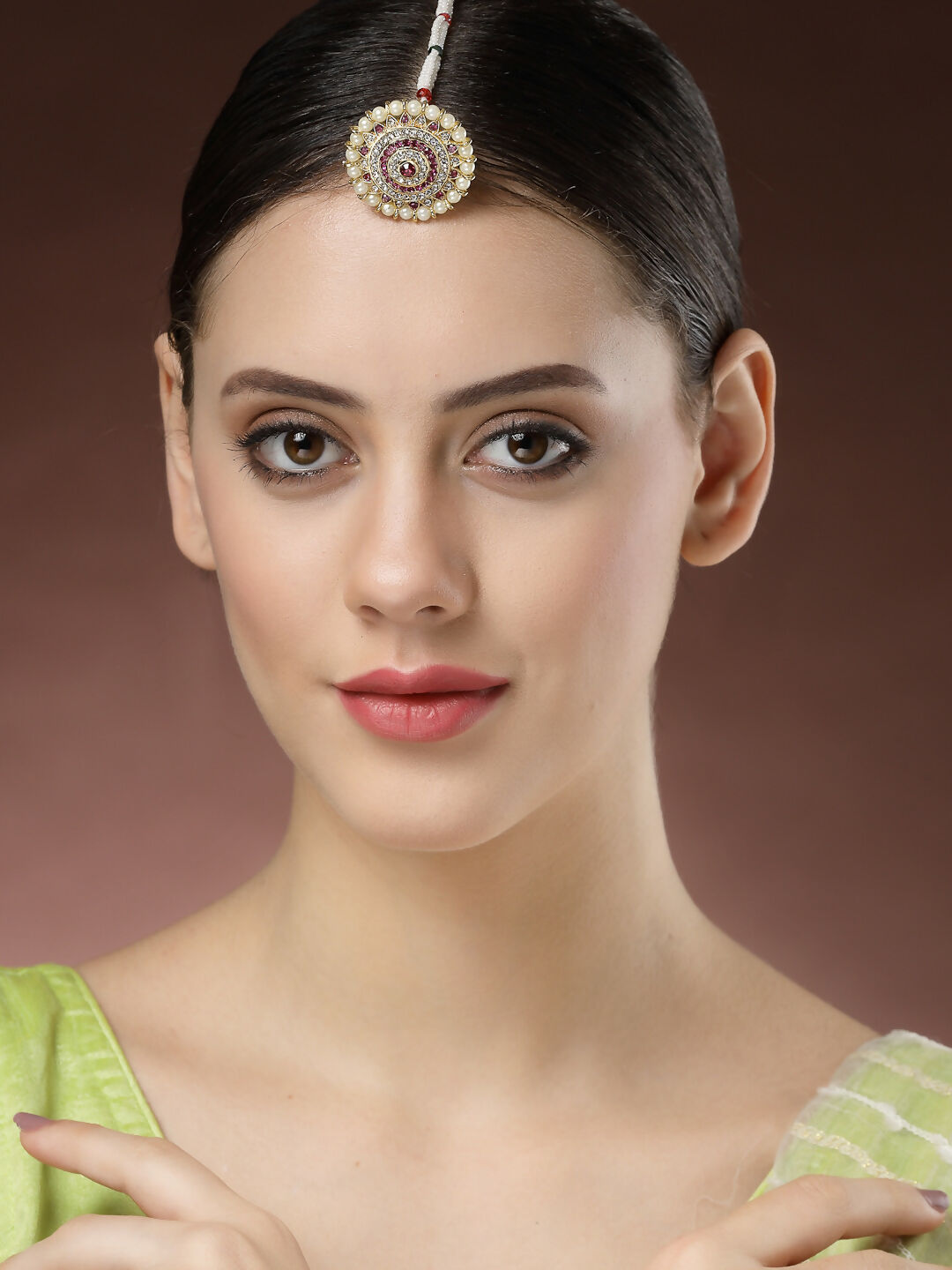 NVR Women's Gold-Polished CZ Stone-Studded Borla Maang Tikka