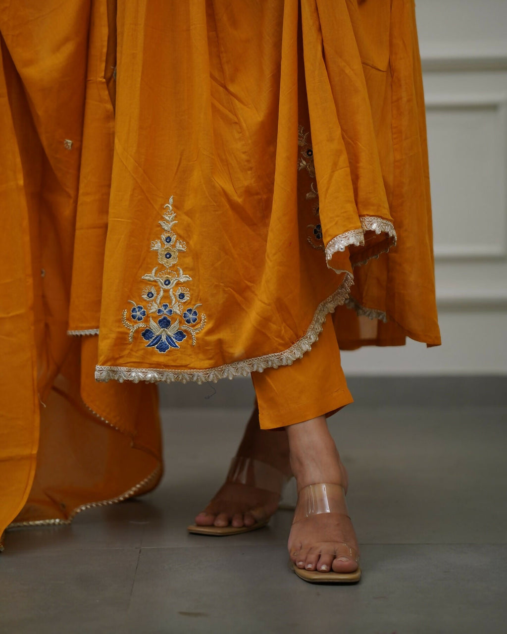 The52 Orange Women's Gorgeous Viscose Fabric Embroidered Work Flared Kurta Pant and Dupatta Set