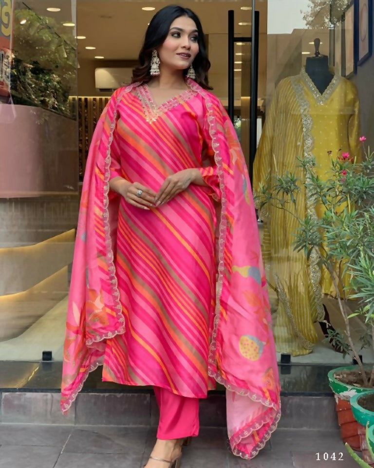 Partywear Designer Pure Russian Silk Pink Stitched Suit With Dupatta - Tanisha