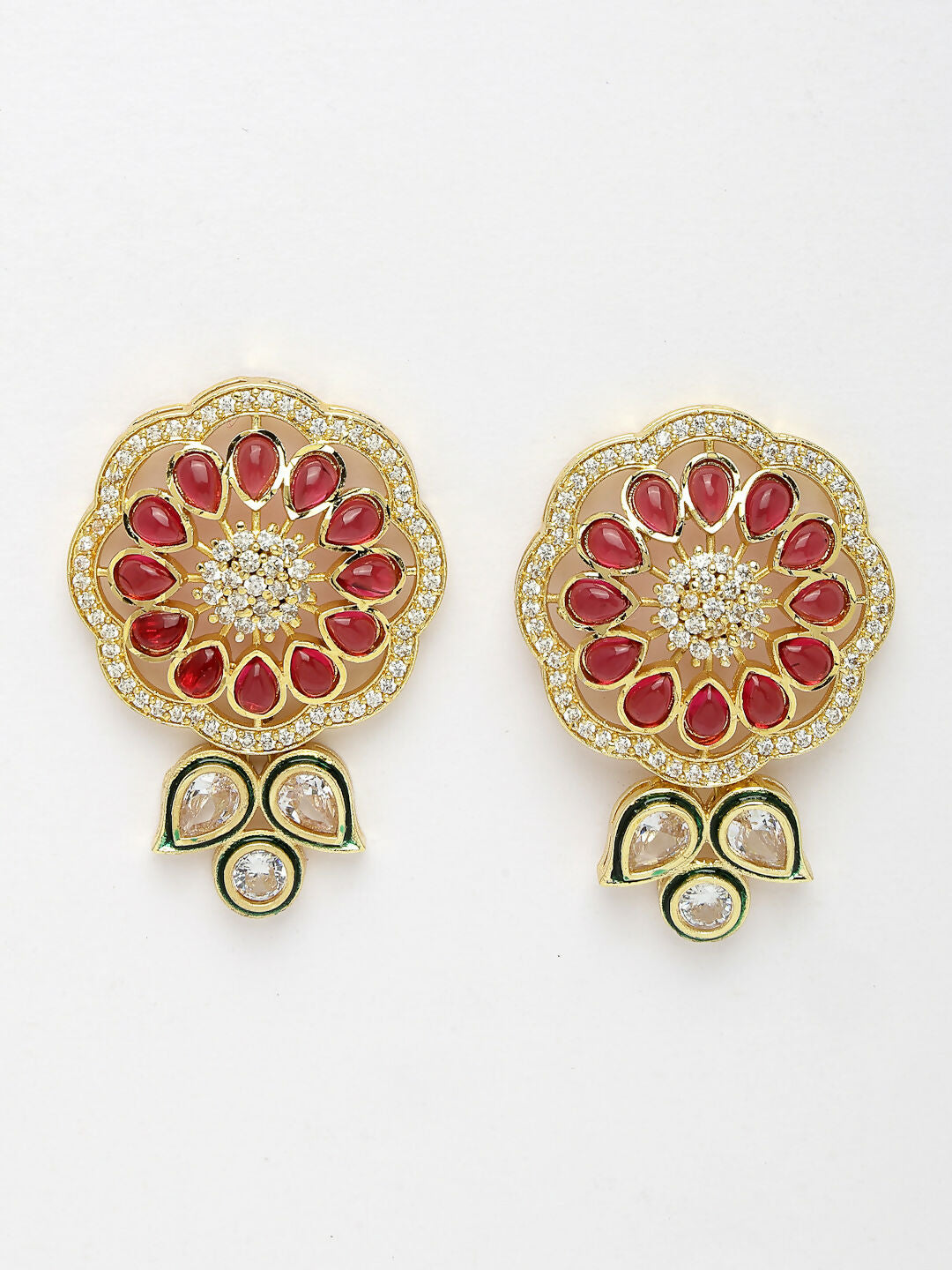 NVR Women's Set of 2 Red & Gold Kundan Studded Jewellery Set Choker & Long Necklace With Earrings