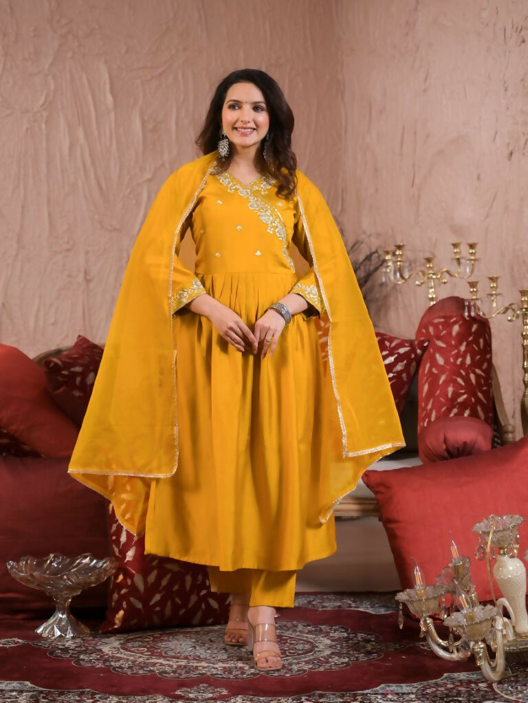 Ethnic Festive Wear Viscose Chanderi Yellow Stitched Suit With Dupatta - Tanisha