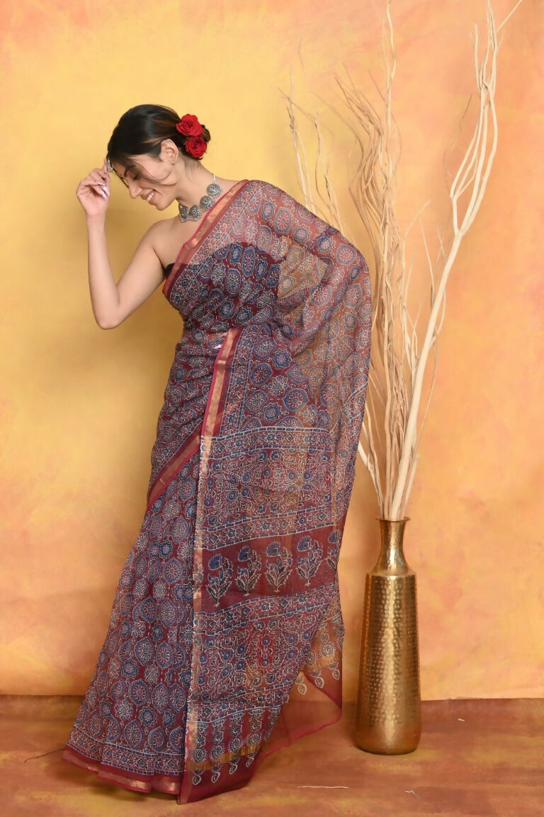 Very Much Indian Pure Kota Cotton Handblock Printed Saree - Grey