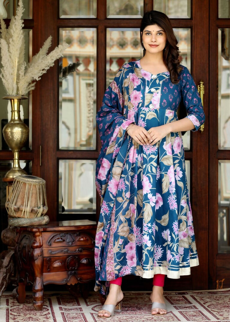Miravan Women's Flower Printed Blue Anarkali Kurta And Dupatta