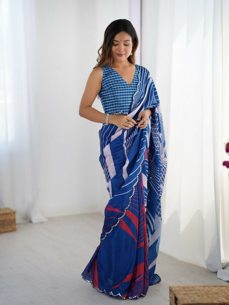 Blue Chinon Designer Digital Printed,Mirror Cut Work Saree - Manvika