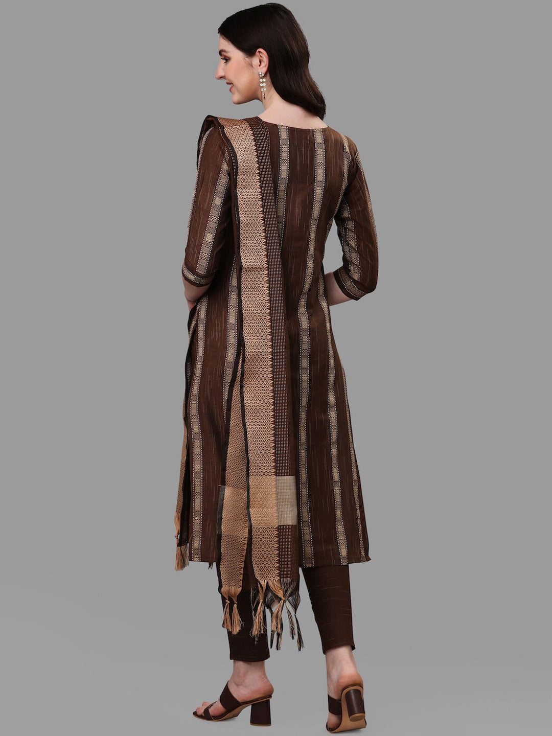 HERE&NOW Brown Striped Regular Pure Cotton Kurta With Trousers & Dupatta