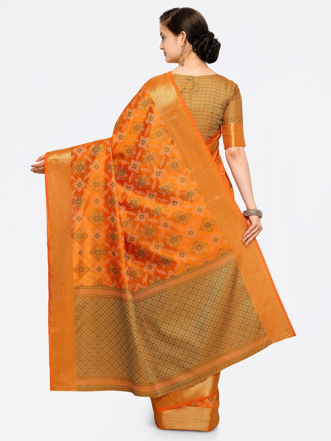 Saree Mall Yellow Silk Blend Patola Print Kanjeevaram Saree with Unstitched Blouse