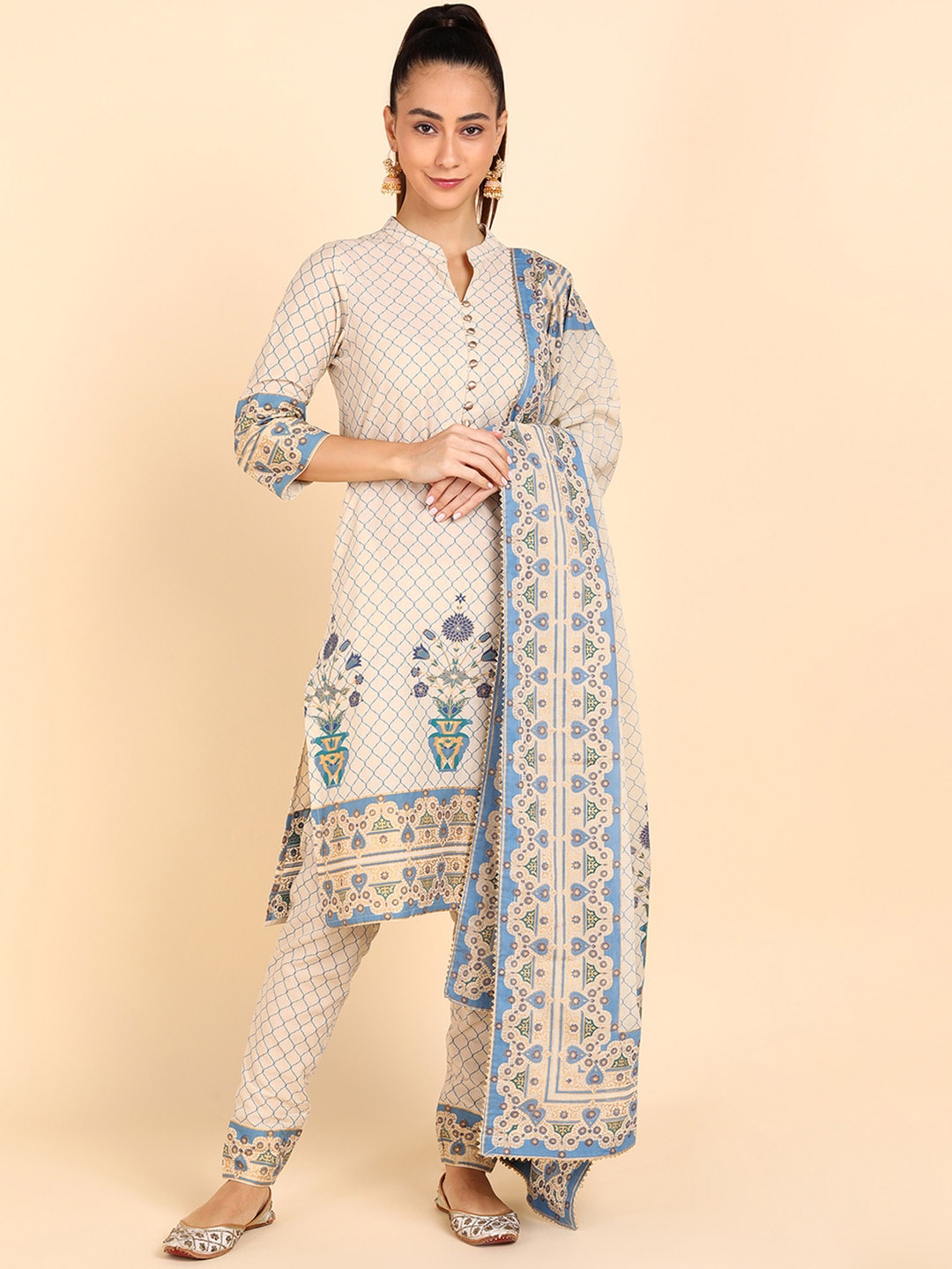 HERE&NOW Women Blue Floral Printed Pure Cotton Kurta with Trousers & With Dupatta