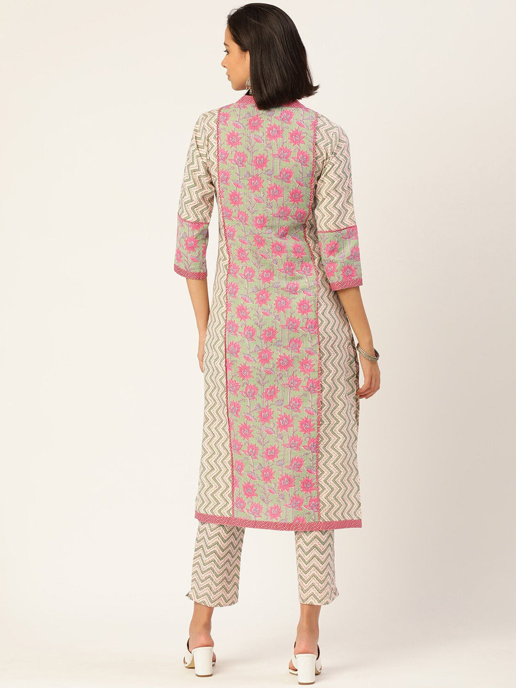 HERE&NOW Women Beige Floral Printed Kurta with Trousers & With Dupatta