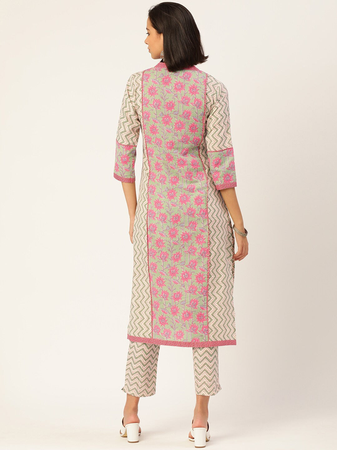 HERE&NOW Women Beige Floral Printed Kurta with Trousers & With Dupatta