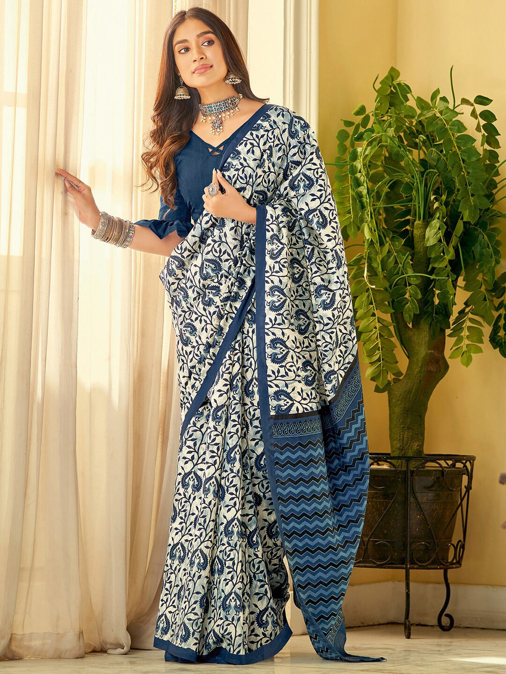 Saree Mall Off White & Blue Ethnic Motifs Dabu Saree