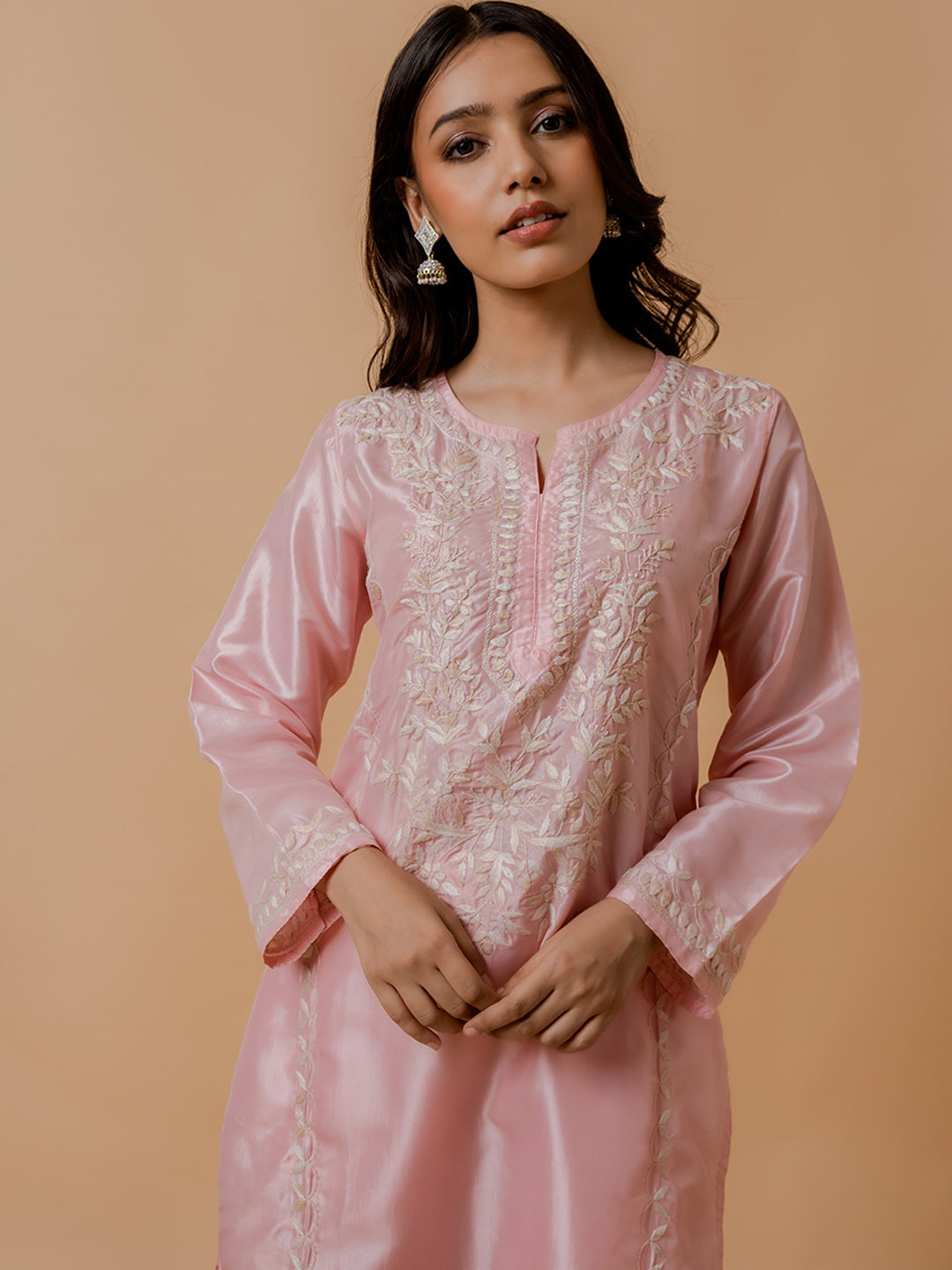 HOUSE OF KARI Floral Embroidered Silk Chikankari Kurta