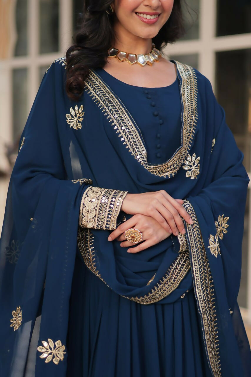 Vastranavya Premium Designer Faux Blooming with Embroidery Zari Sequins work Gown - Teal