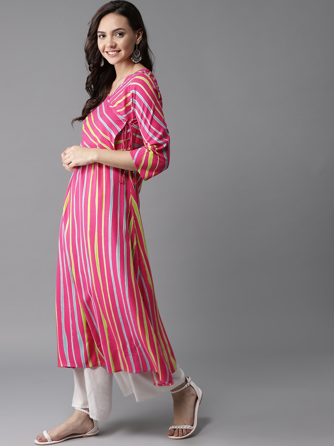 HERE&NOW Women Stripes & Tie-Up A-Line Viscose Kurta