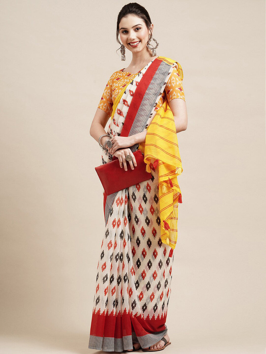 Saree Mall Off White & Red Pure Cotton Saree