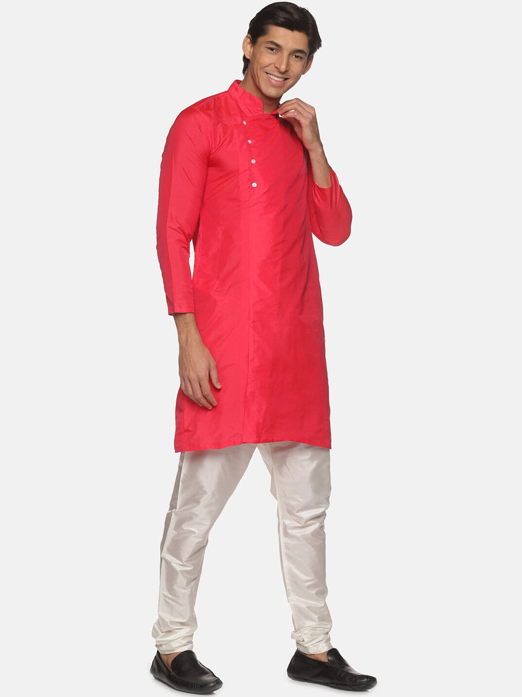 Sethukrishna Men Rose Pink Solid Angrakha Kurta with Pyjamas